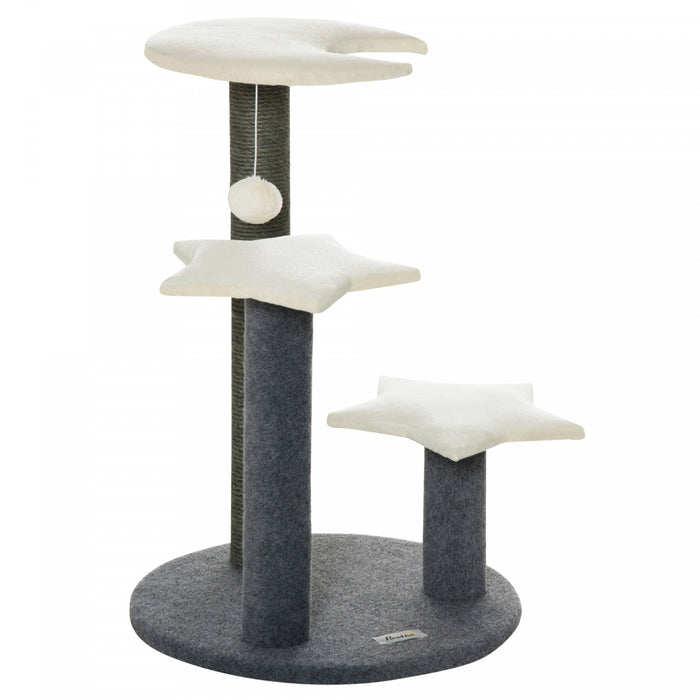 Pawhut 30\" Arbre A Chats Style Cosy Chic Centre D'activites 3 Plateformes Griffoir Sisal Naturel Boule Suspendue Panneaux Particules Peluche Courte Gris Et Blanc