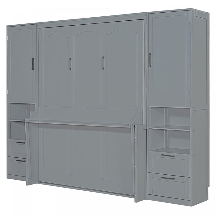Lit Escamotable Joyce Format Queen Avec Tiroirs Et Etageres - Gris