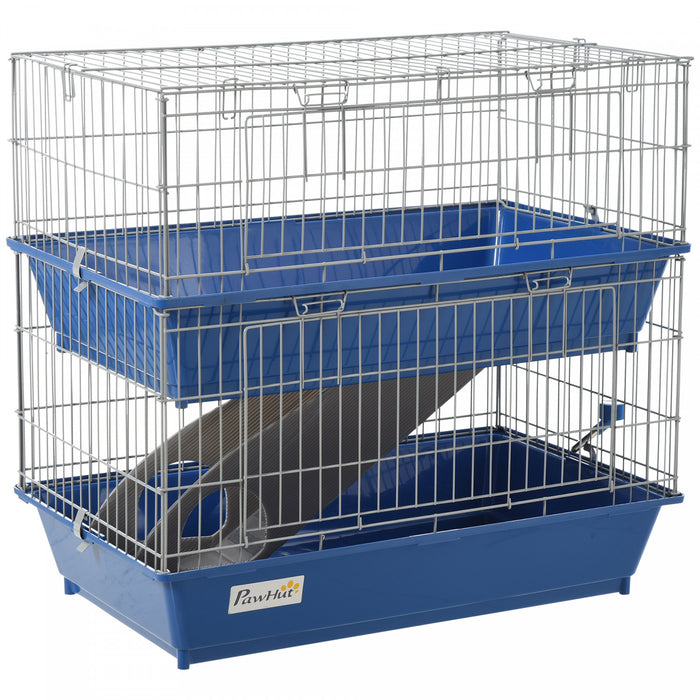 Pawhut 2-tier 27\" Cage En Plastique Pour Petits Animaux En Acier Cochon D'inde Lapin Enclos De Huche Maison De Jeu Pour Animaux De Compagnie Avec 2 Portes, Plate-forme, Rampe, Plat Et Bouteille, Bleu