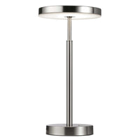 Lampe de table Francine de Dainolite en acrylique blanc qui diffuse la lumière, avec fini nickel satiné et ampoule de 10 W