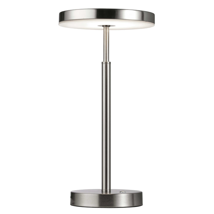 Lampe de table Francine de Dainolite en acrylique blanc qui diffuse la lumière, avec fini nickel satiné et ampoule de 10 W