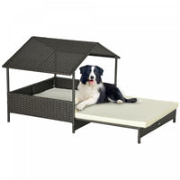 Pawhut Niche Pour Chien En Rotin Extensible Pour Exterieur Et Interieur Avec Toit, Lit Sureleve En O
