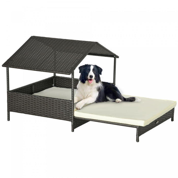 Pawhut Niche Pour Chien En Rotin Extensible Pour Exterieur Et Interieur Avec Toit, Lit Sureleve En Osier Avec Coussin Doux Et Housse Lavable, Pour Chiens De Petite Et Moyenne Taille, Blanc Creme