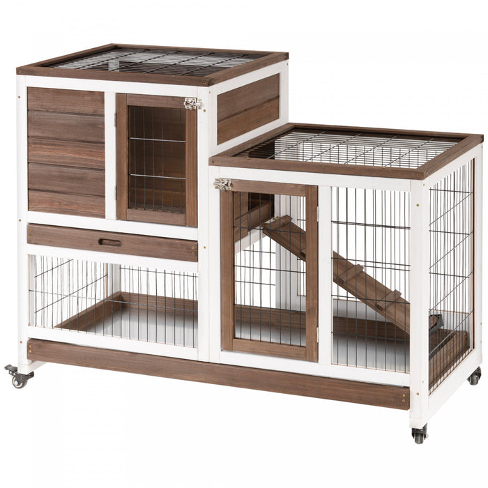 Pawhut Cage A Lapin Surelevee En Bois Habitat Pour Petits Animaux D'interieur Avec Parcours Ferme Avec Roues, Rampe, Plateau Amovible Ideal Pour Cochons D'inde, Marron