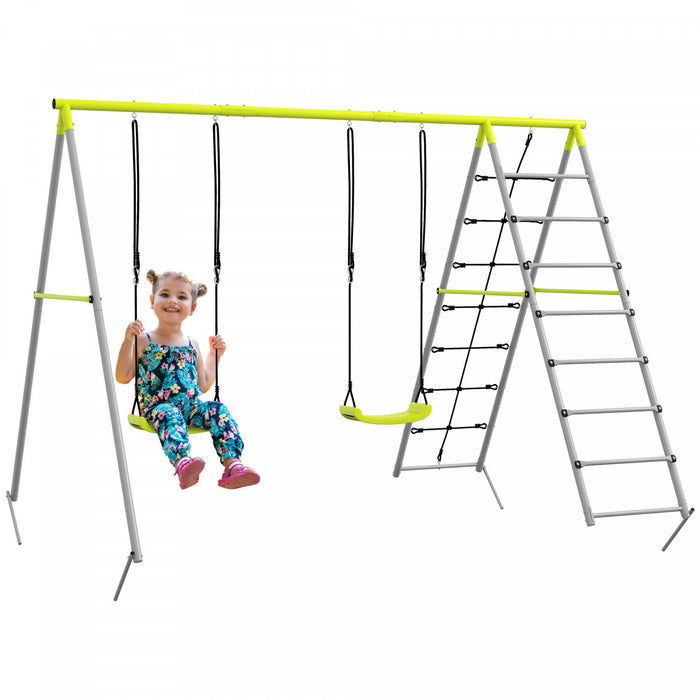 Outsunny 4 En 1 Swing En Metal Avec Double Balancoires, Grimpeur, Filet D'escalade, Heavy Duty Swing Set Pour Enfants, Tout-petits, Cour Arriere, Exterieur, Terrain De Jeu, Vert