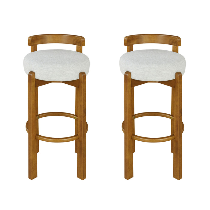 Elise – Lot de 2 tabourets de bar modernes a assise ronde en bois d’hevea avec dossier incurve de soutien et revetement en sherpa, couleur ivoire