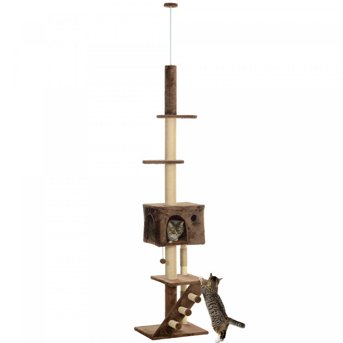 Pawhut Arbre A Chat Du Sol Au Plafond Pour Grands Chats Adultes, Tour A Chat Reglable En Hauteur De 89\"-104 Avec Griffoir, Maison Pour Chat, 3 Marches, Kit Anti-basculement, Marron