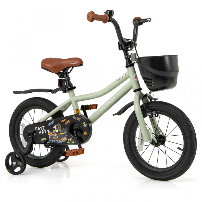 Costway 14\" Velo Pour Enfants Avec Roues D'entrainement Guidon Reglable Et Frein A Main Du Siege Vert