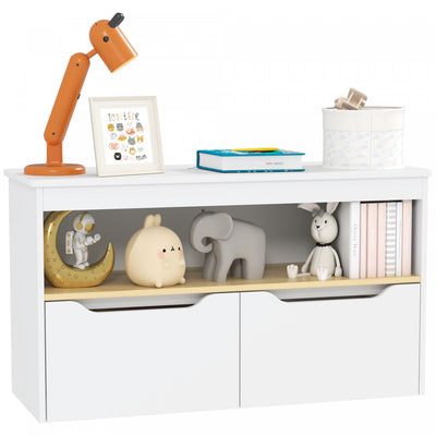 Qaba Toy Storage Organizer, Compact Kids Bookshelf With 2 Drawers, Storage Shelf, Large Tabletop For Kids Room, Nursery, Living Room, Bedroom, White