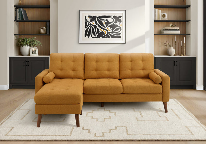 Sofa Chaise Longue Rembourre, 85\"L, Tissu Orange, Pieds En Bois Massif De Noyer, Moderne