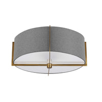 Plafonnier semi-affleuré Preston de Dainolite avec abat-jour gris, fini laiton vieilli et 3 ampoules