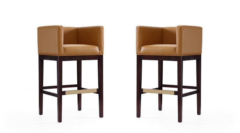 Tabouret de bar Kingsley style moderne du milieu du siecle en bois et tissu couleur camel - Lot de 2