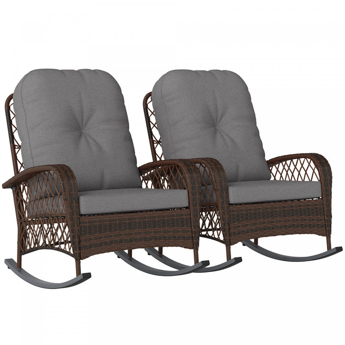 Outsunny Lot De 2 Chaises A Bascule En Rotin Avec Coussin Pour Jardin, Gris