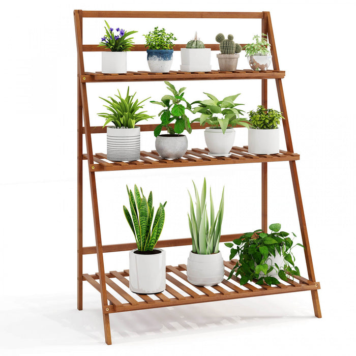Costway Etagere Pliante A 3 Niveaux Presentoir Pour Pots De Fleurs En Bambou Range-livres / Organisateur