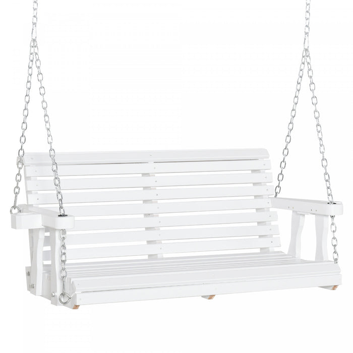 Outsunny 46\" Porch Swing Bench Pour 2 Personnes Avec 2 Porte-gobelets Integres, Design A Lattes, Chaines Incluses, Capacite De Charge De 550lb, Blanc.