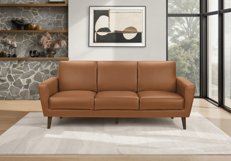 Sofa Rembourre, 77\"L, Aspect Cuir Brun, Pieds En Bois Massif De Noyer, Mid-Century