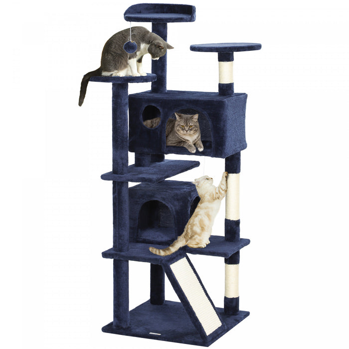 Pawhut Arbre A Chat De 54\" Tour A Chat Pour Chats D'interieur Avec Griffoirs, Condos Pour Chats, Lit, Plates-formes, Rampe, Balle Jouet, Centre D'activites Pour Chat, Bleu Fonce