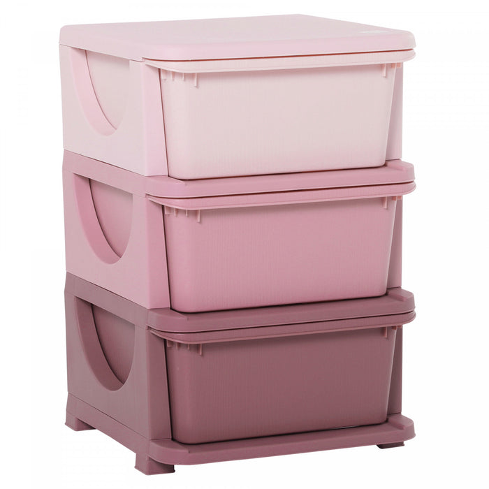 Qaba Unite De Rangement Pour Enfants A 3 Niveaux, Coffre A 3 Tiroirs, Organisateur De Jouets, Bacs En Plastique Pour Chambre, Creche, Jardin D'enfants,pour Garcon, Fille, Rose