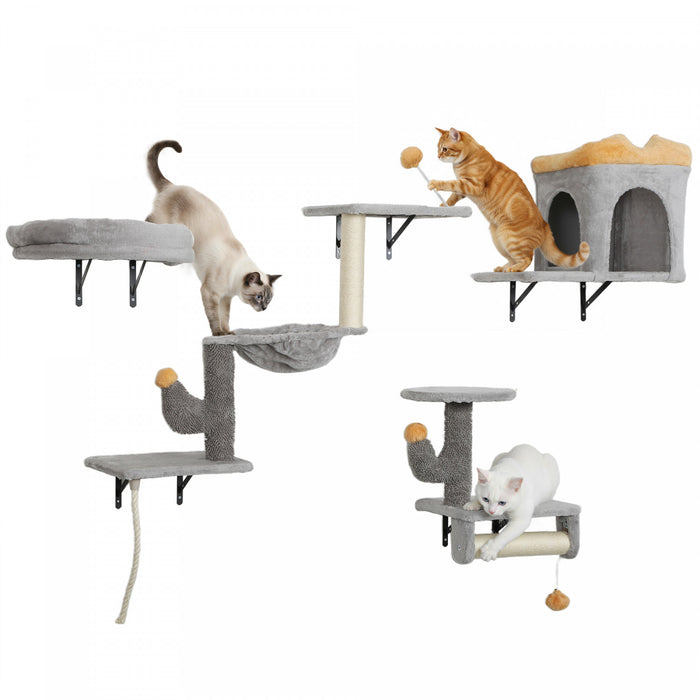 Ensemble de Meubles Muraux pour Chat avec Poteaux a Gratter, Gris Clair