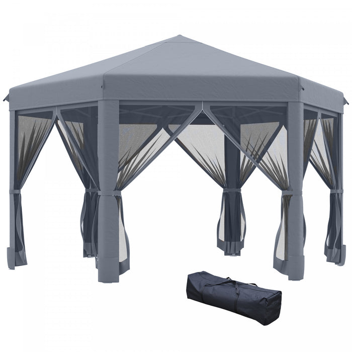 Outsunny 13' X 11' Heavy Duty Pop Up Canopy Avec Forme Hexagonale, Filet Lateral A 6 Mailles, Hauteur Reglable A 3 Niveaux Et Armature En Acier Solide, Gris