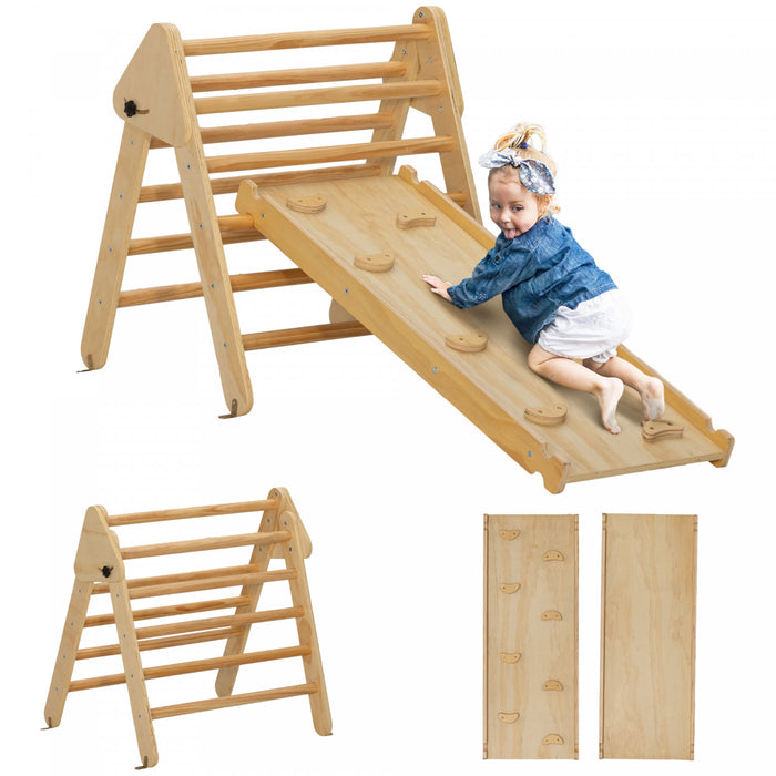 Qaba Ensemble Triangulaire, Jouets D'escalade Pour Tout-petits Avec Rampe, Jouets D'escalade 2 En 1, Salle De Sport D'interieur Pour Bebe De 18 A 48 Mois, Bois Naturel