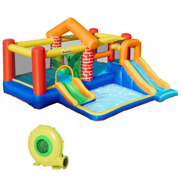 Outsunny 4 En 1 Chateau Gonflable Extra Large Double Slips Maison Piscine Mur D'escalade Avec Sac De Transport Souffleur D'air