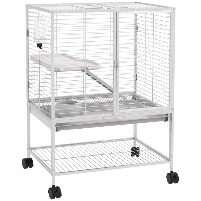 Pawhut Cage Pour Petits Animaux Avec Roulettes, Parc Pour Rats, Furets, Chinchillas Avec Etagere De Rangement Inferieure, Plateau Amovible, Rampe, 24,2\" X 17,9\" X 33,9\", Gris Clair