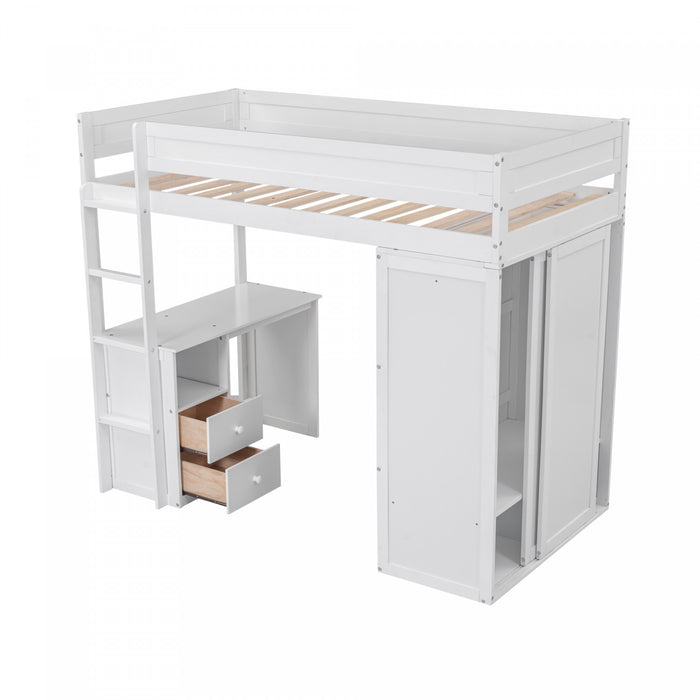 Lit Mezzanine En Bois Massif Jeffrey Avec Armoire, Bureau Et Tiroirs, Blanc