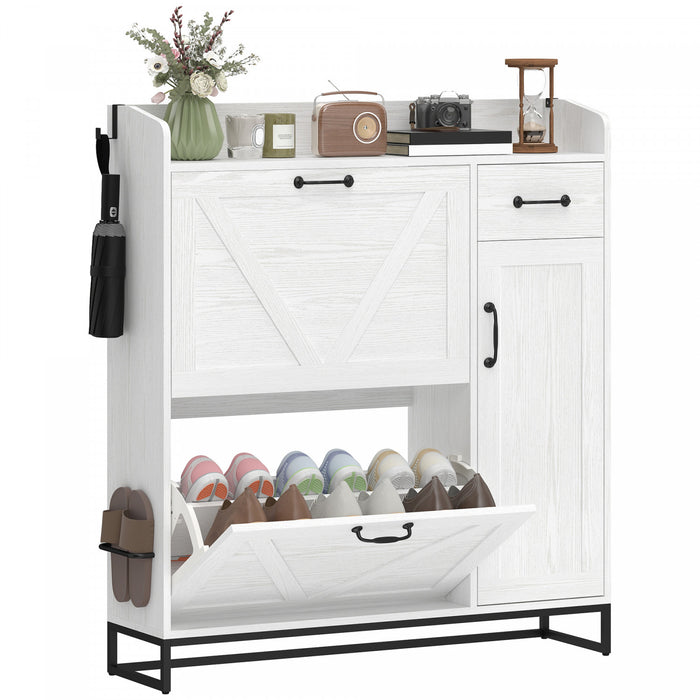 HOMCOM Meuble a Chaussures, Rangement Rustique avec Placard Lateral, Blanc