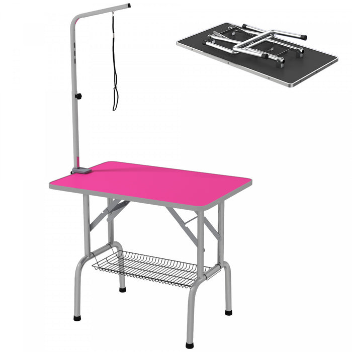 Pawhut Table De Toilettage Pliable En Acier Inoxydable Pour Chien Avec Bras Reglable Et Panier, Rose