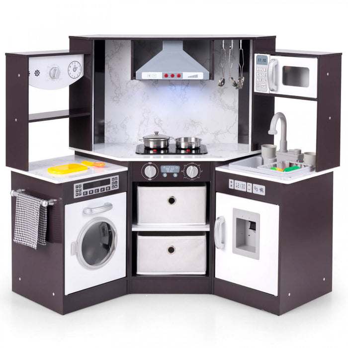 Costway Bois Enfants Jouer Coin Cuisine Avec Des Lumieres Realistes Et Des Sons Eclaires Gamme Capuchon Marron