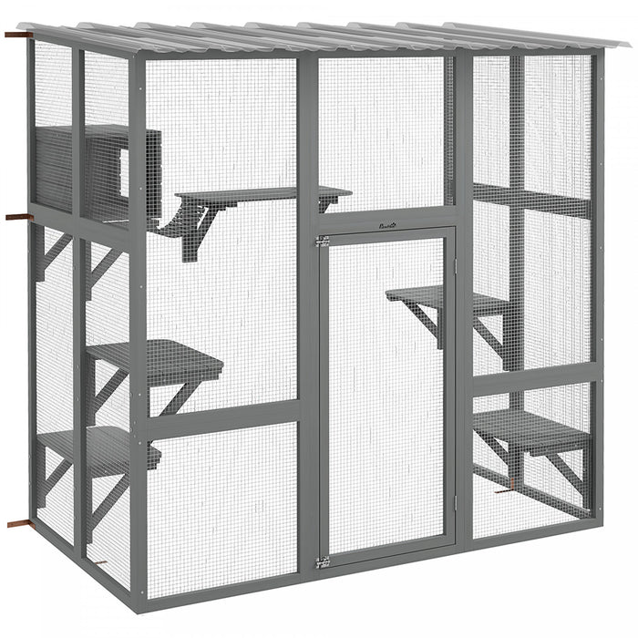Pawhut Catio Enclos D'exterieur Pour Chat En Bois Avec Toit Resistant Aux Intemperies, Pont, Boite De Repos, Plates-formes Pour 2 Chatons, Gris