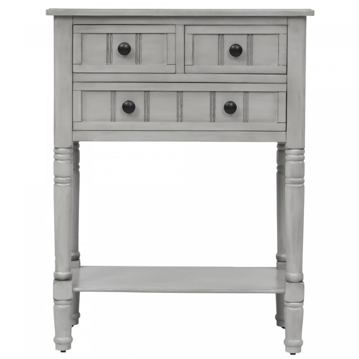 Table Console Olivia En Bois Massif Avec Tiroirs Et Etagere Inferieure - Gris