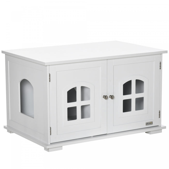 Pawhut Boite A Litiere Pour Chat Meuble Cache Pour Chat Toilette Interieure Pour Chat Table De Nuit A Double Porte Table D'extremite Avec Fenetre Pour Chat Blanc