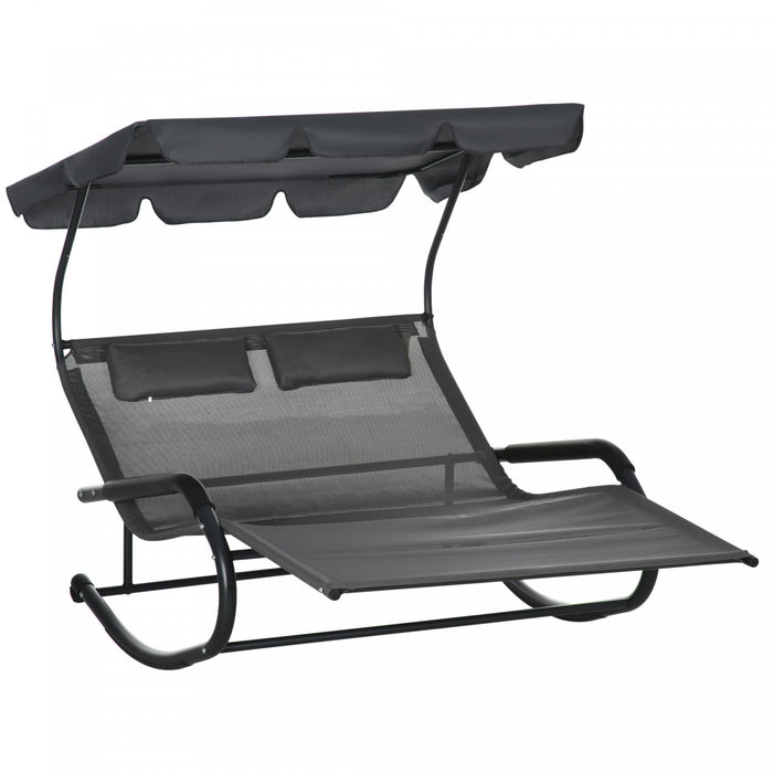 Outsunny Lit D'exterieur Avec Auvent Reglable, Chaise Longue Double, Gris