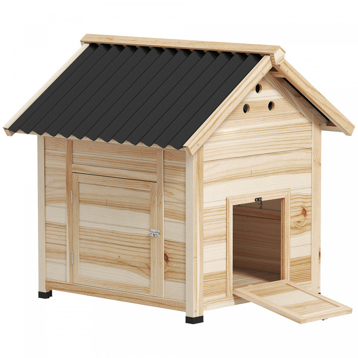 Poulailler d'exterieur PawHut, en bois naturel, avec toit ouvrant, double porte et base amovible. Convient pour 1 a 3 races de canards, utilisable a l'interieur comme a l'exterieur. Longueur : 79 cm.