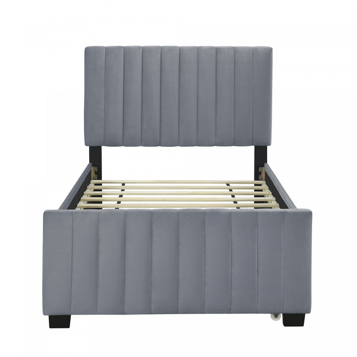 Lit plateforme Ethan rembourre en velours, gain de place, avec tiroir gigogne, taille simple, gris