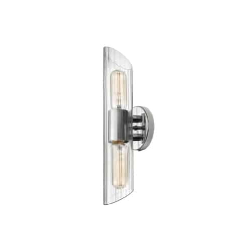 Petite lumière de coiffeuse Samantha de Dainolite en verre cannelé transparent, avec fini chromé poli et 2 ampoules