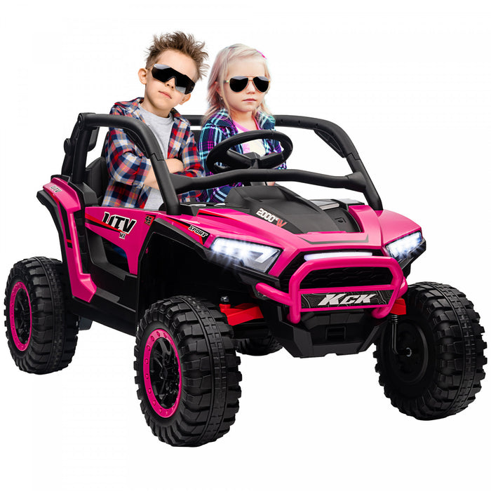 Qaba Vus 2 Places, Voiture Electrique 24 V 7 Ah Pour Enfants Avec Suspension A Ressort, Telecommande, 3 Vitesses, Lumieres Led, Lecteur Mp3, Klaxon, Musique, Rose