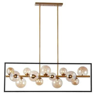 Luminaire suspendu horizontal Glasgow de Dainolite en verre champagne, avec cadre carré, fini noir mat et bronze rétro, et 13 ampoules