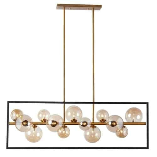 Luminaire suspendu horizontal Glasgow de Dainolite en verre champagne, avec cadre carré, fini noir mat et bronze rétro, et 13 ampoules