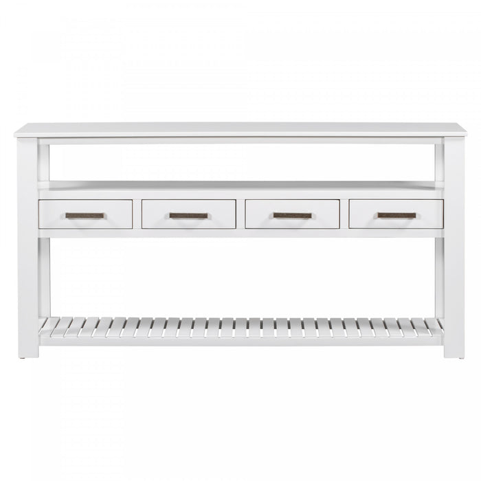 Table d'entree Ava 62,2'' avec tiroirs et etageres ouvertes, blanche