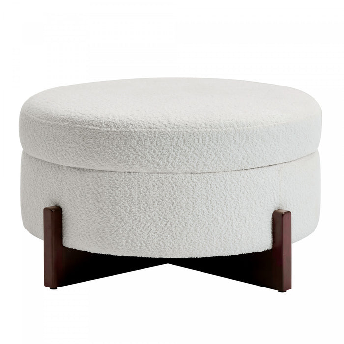 Table Basse Ottoman Ronde Sophia avec Rembourrage Capitonne et Rangement - Blanc
