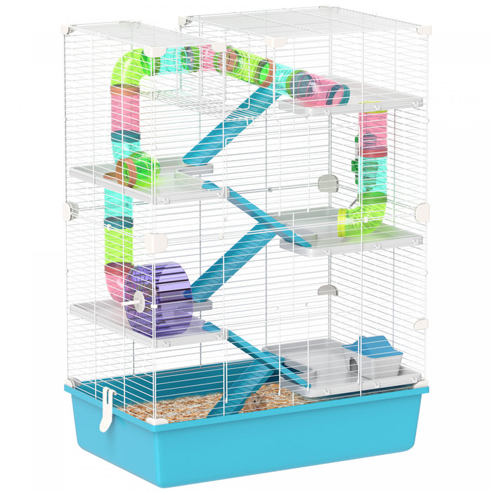 Pawhut Cage Pour Hamster De 32\", Cage Pour Petits Animaux A 6 Etages Avec Tunnels Et Tubes, Cage Pour Gerbilles Avec Hutte, Roue, Mangeoire, Bouteille D'eau, Rampes, Bleu Clair
