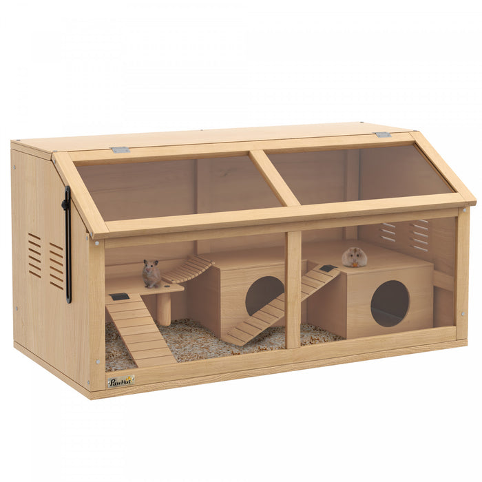 Pawhut Cage En Bois Pour Hamster, 33,5\"l, Cage Pour Petits Animaux Pour Hamster Nain Syrien, Gerbilles, Souris Avec Pont Suspendu, Echelles, Dessus Ouvrant, Cabane, Plate-forme, Finition Bois Naturel