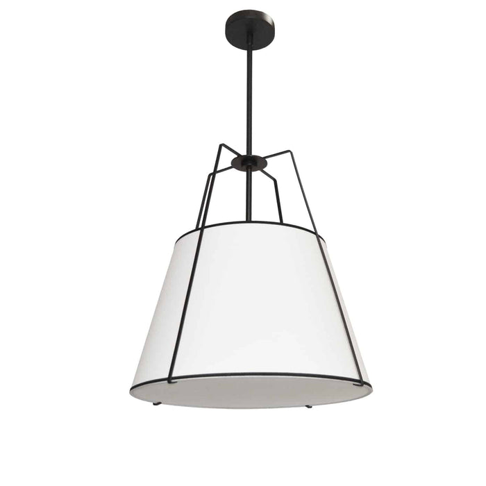 Luminaire suspendu Trapezoid de Dainolite avec abat-jour noir et blanc qui diffuse la lumière, tissu blanc et 1 ampoule