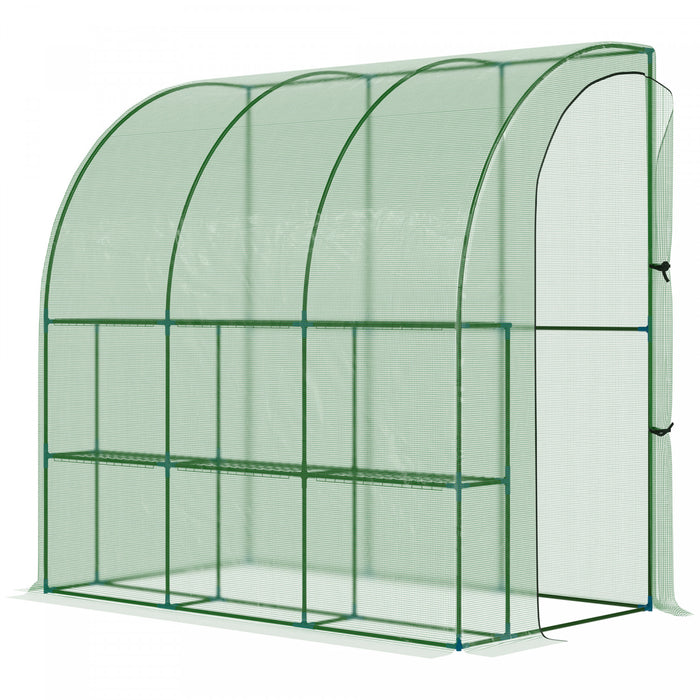 Outsunny 7' X 4' X 7' Serre De Jardin Adossee Avec Etageres A Fleurs 2 Niveuax Porte Zippee Enroulable, Acier Bache Pe Haute Densite Anti-uv Vert