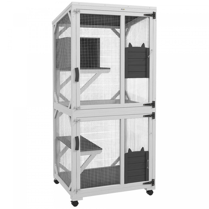 Pawhut Cage De Jeu Pour Chat, Design Sureleve, Avec Roues, Boite De Repos, Resistant A L'eau, Multi-plateformes, Pour 1 A 3 Chats
