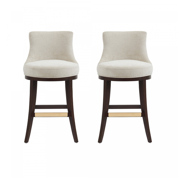Tabouret de bar moderne Lucia en bois et tissu chenille naturel - Lot de 2