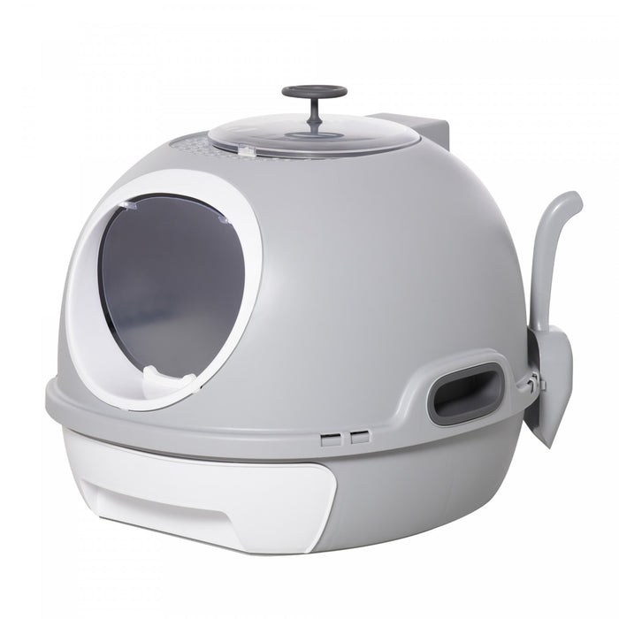 Pawhut Bac A Litiere Couvert, Bac A Litiere Avec Couvercle, Tiroir Ferme Et Lucarne Pour Chats, Facile A Nettoyer, Gris